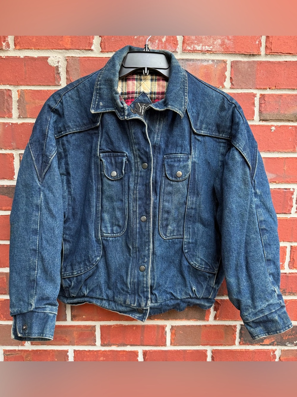 Vintage 1980’s YR Women’s Sz M Blue Denim Snap Up Bomber Jacket Plaid Lining F8